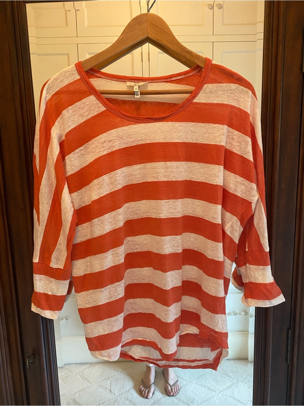 Joie Orange and Cream Striped Scoop-Neck, 3/4 Sleeve, 100